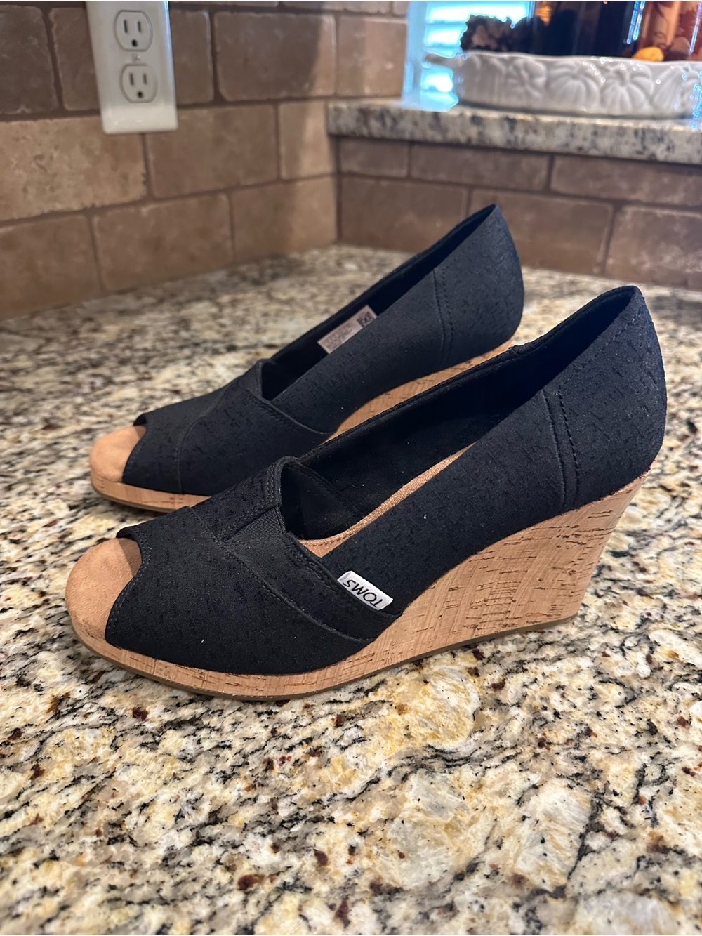TOMS Michelle Peep Toe Wedge Black Shoes